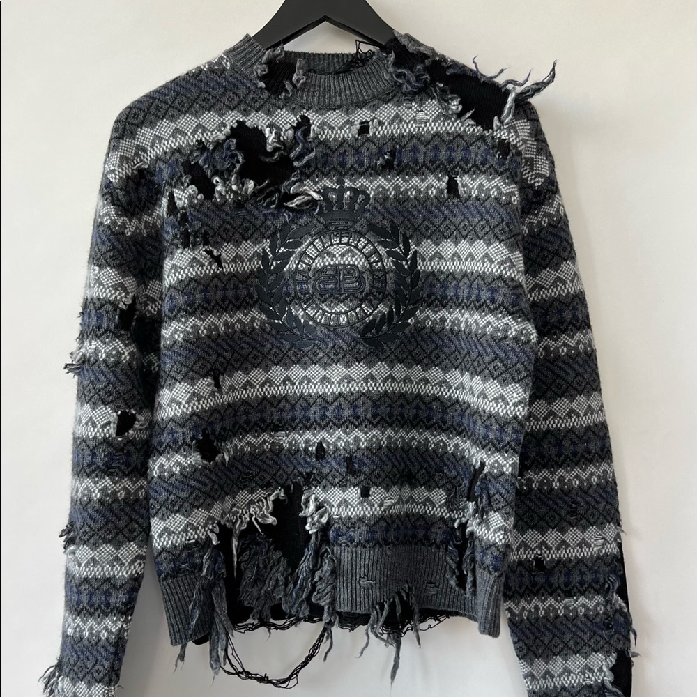 $850 - Balenciaga Grey Destroyed Fair Isle Sweater